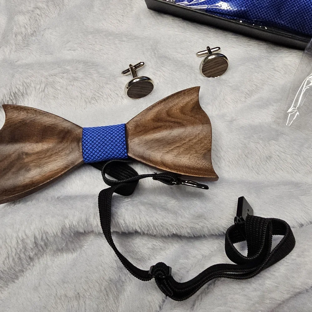 Royal Blue Wood Bow Tie Set With Cuff Links And Pocket Square